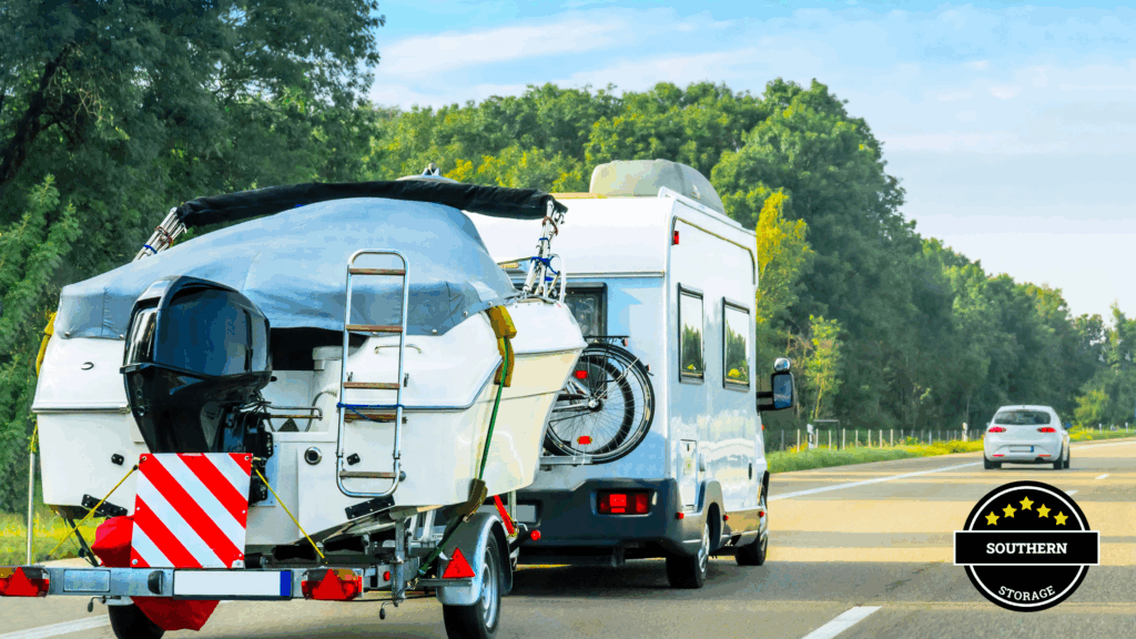 RV towing a covered boat down a highway, showcasing the importance of secure RV and boat storage in Fairhope, Alabama.